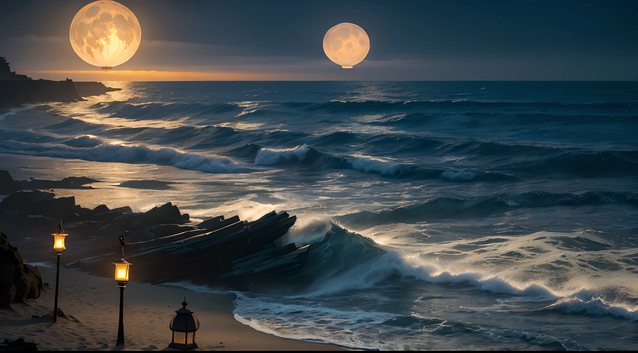 (noite de lua cheia),(na praia,Ondas quebrando),(iluminação dramática),(silhuetas),(areia cintilante),(ambiente tranquilo e relaxante), Centenas de lanternas de papel no céu, muitas lanternas lindas de papel no céu, linda lua enorme