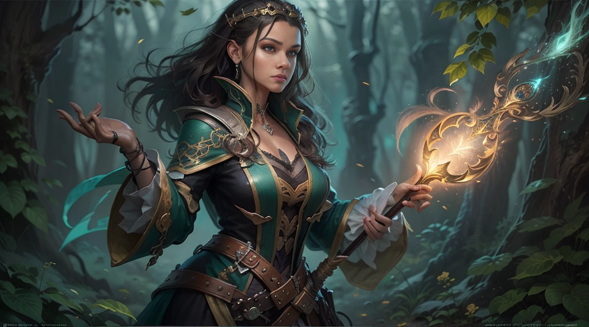 ArafeD image of a woman in a forest holDing a magic staff, fantasy carD game art, DetaileD 2D Digital fantasy art, Magali Villeneuve graphiste, Art fantastique 4k, epic fantasy Digital art style, behance art fantastique, Art du jeu fantastique, DetaileD fantasy art, portrait d&#39;une magicienne,  D & D Digital fantasy art, art fantastique de haute qualité