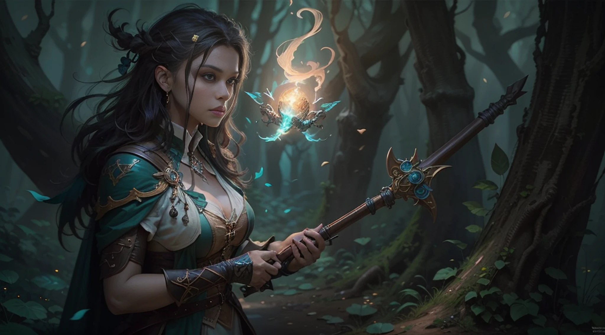 Arafed image of a woman in a forest holding a magic staff, fantasy card game art, detailed 2D digital fantasy art, Magali Villeneuve graphic artist, 4k fantasy art, epic fantasy digital art style, behance fantasy art, fantasy game art, detailed fantasy art, portrait of a female magician,  d & d digital fantasy art, high quality fantasy art