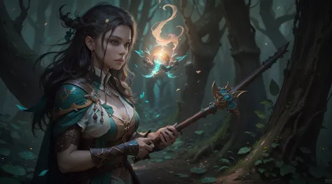 Arafed image of a woman in a forest holding a magic staff, fantasy card game art, detailed 2D digital fantasy art, Magali Villen...