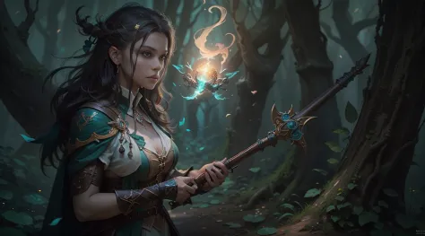 arafed image of a woman in a forest holding a magic staff, fantasy card game art, detailed 2d digital fantasy art, magali villen...