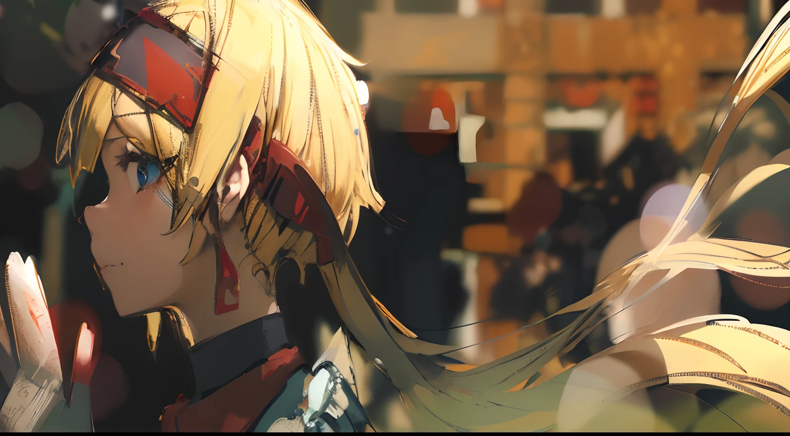 Anime girl with blonde hair and blue eyes looking at guy, Anime. Soft lighting, kagamine rin, profile of anime girl, middle close up shot, anime style 4 k, Lori, made with anime painter studio, Rin, up close shot, by Shingei, anime styled」, Anime style mixed with Fujifilm, artwork in the style of guweiz