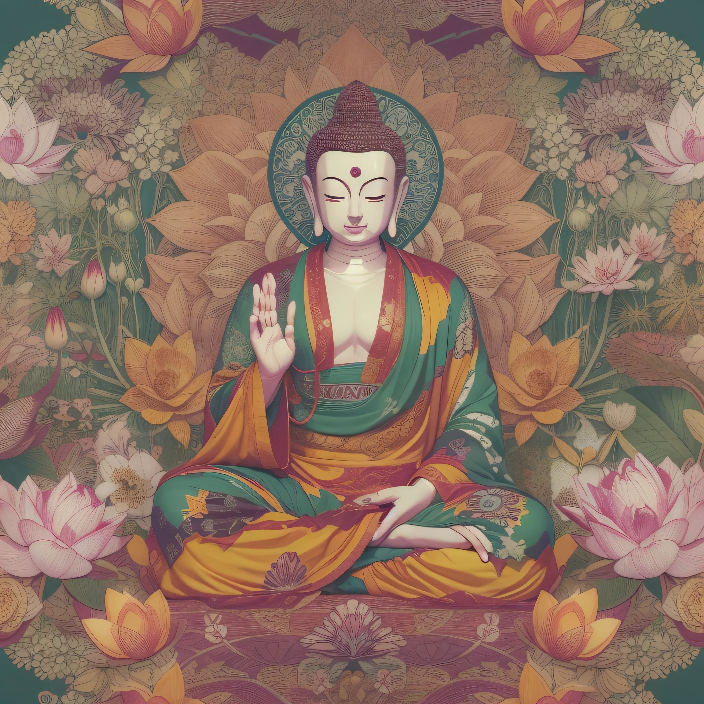 Painting of a buddha sitting in a lotus position with a lotus flower border  - SeaArt AI