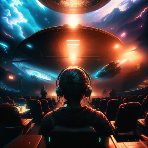 There's a woman sitting in a theater watching a movie, arte conceitual do metaverso, O metaverso criptografado, cinematic beeple...