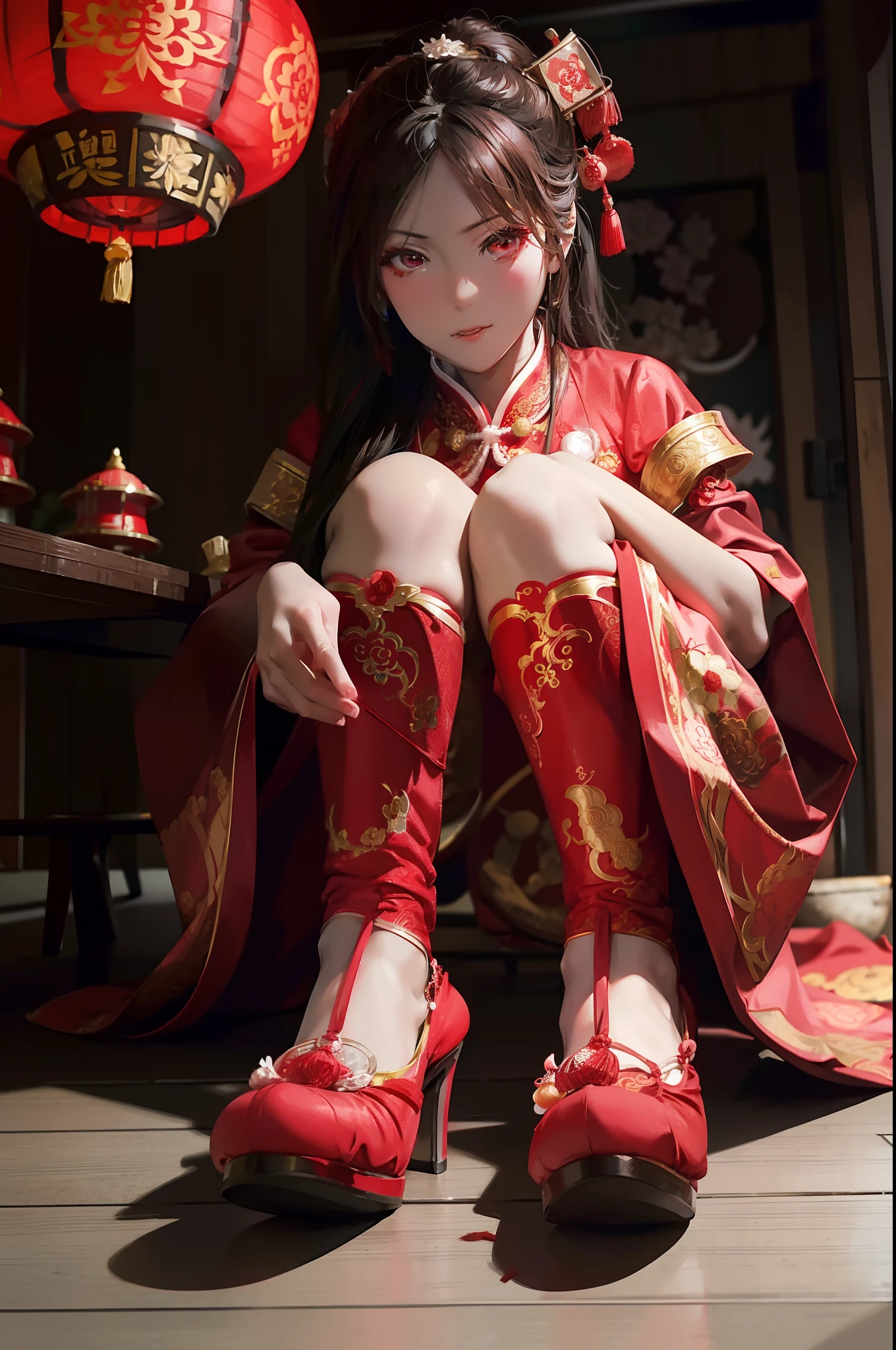 Chinese folk terror，Woman in traditional Chinese wedding dress standing at the table，Red traditional Chinese wedding shoes，Traditional Chinese red lantern background，There are a few candies next to the shoes，Close-up shot，Oppressive atmosphere