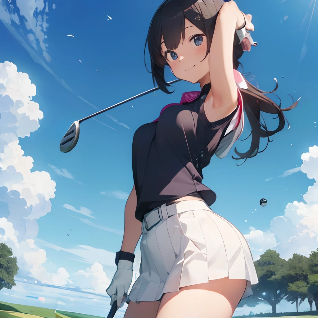 masutepiece, Best Quality, 8K_Wallpaper, (Beautiful eyes), ((Cute)), Cute, (lovely), (Golf course on a sunny day),1girl in,small tits,1 schoolgirl,Standing Girl,Smile,facial close-up、portlate(((Playing golf)))、(((playing the ball from the bunker)))、((Golf Wear))、