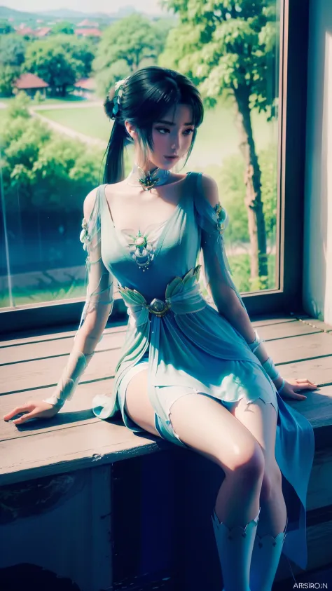 Arad woman in blue dress sitting on windowsill, cute anime waifu in a nice dress, trending on cgstation, 8K high quality detaile...