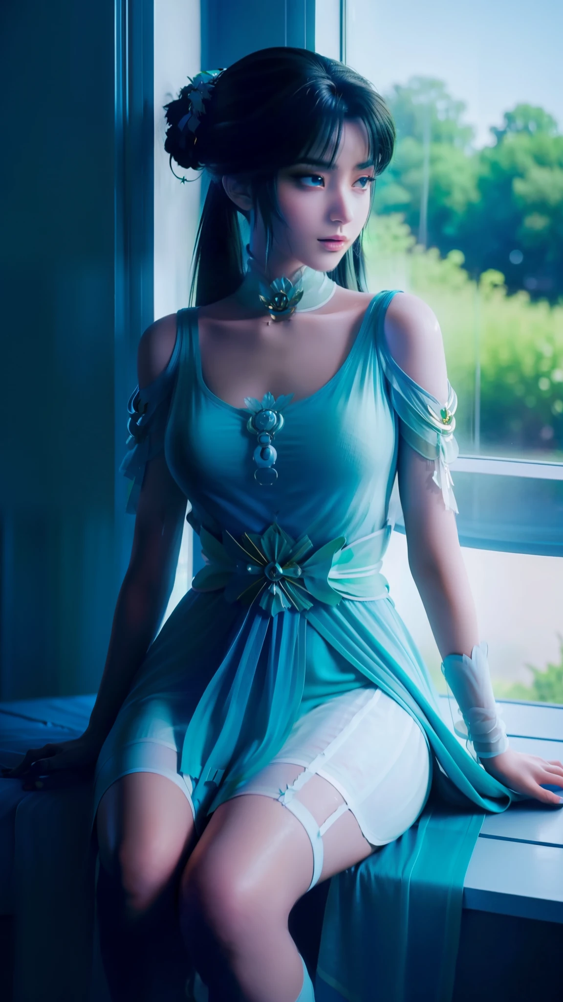 Arad Frau im blauen Kleid sitzt auf der Fensterbank, süße Anime-Waifu in einem schönen Kleid, Trends auf cgstation, 8k hochwertige, detaillierte Kunst, Anime-Barbie in weißen Strümpfen, hochdetailliertes, exquisites Fanart, extrem detailliertes Artgerm, das Anime-Mädchen hockt, fließendes magisches Gewand, schöne und verführerische Anime-Frau, WLOP und Sakimichan