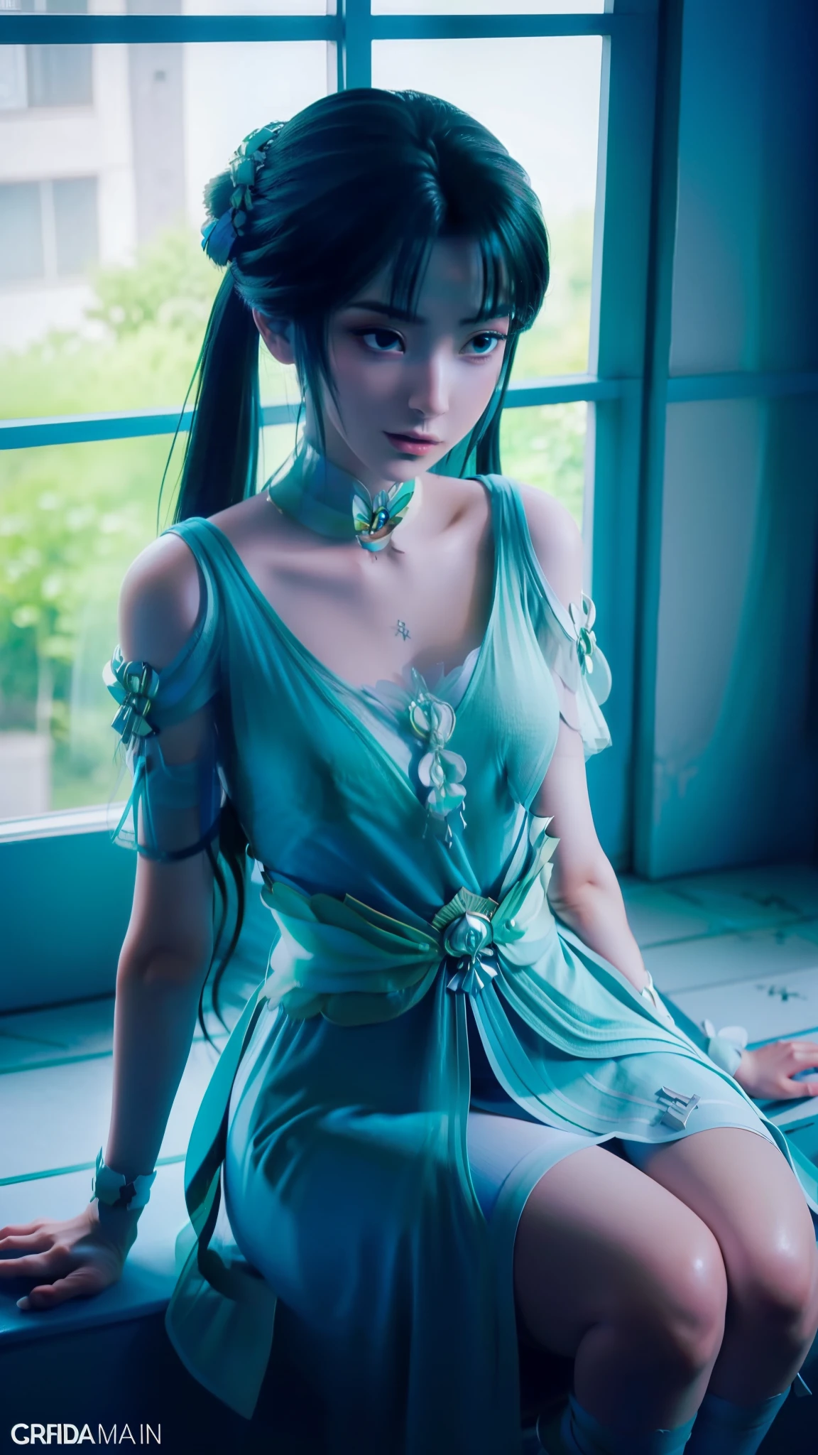 Arad Frau im blauen Kleid sitzt auf der Fensterbank, süße Anime-Waifu in einem schönen Kleid, Trends auf cgstation, 8k hochwertige, detaillierte Kunst, Anime-Barbie in weißen Strümpfen, hochdetailliertes, exquisites Fanart, extrem detailliertes Artgerm, das Anime-Mädchen hockt, fließendes magisches Gewand, schöne und verführerische Anime-Frau, WLOP und Sakimichan