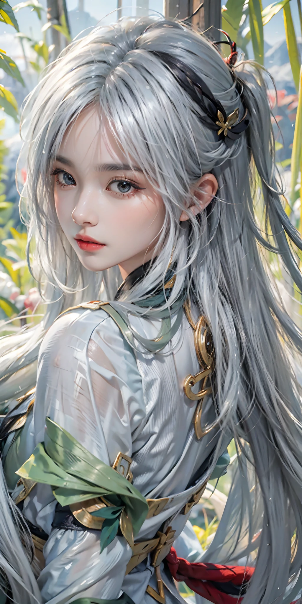 photorealistic, high resolution, soft light,1women, solo, hips up, (detailed face),tattoo, jewelry, shiny hair, long hair,hair_ornament,hair_between_eyes, long_hair, (silver_hair:1.2),bangs, genshin impact, shenhe \(genshin impact\), Shenhe \(genshin impact\), grass field, mountains background, Shenhe, character \(series\)