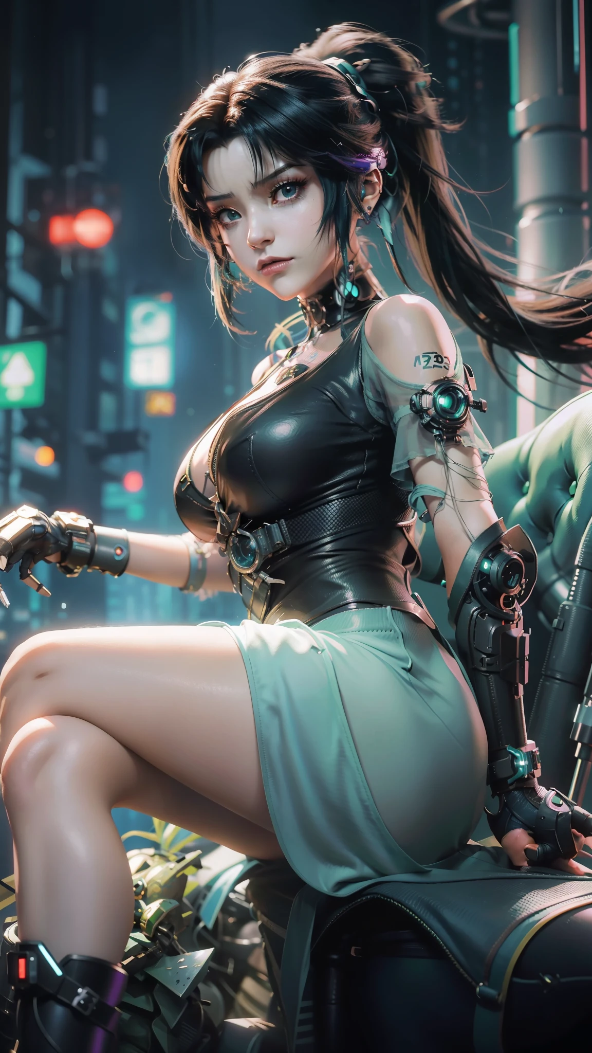 Hay una mujer sentada en una silla.，Usando un disfraz de gato, chica anime ciberpunk, female chica anime ciberpunk, niña de la escuela cibernética, ciberpunk 2 0 años. o model girl, chica soñadora cyberpunk, Digital arte del anime ciberpunk, estilo cyberpunk apagado, Disfraces ciberpunk, anime ciberpunk, tendencia en cgstation, chica anime ciberpunk mech, arte del anime ciberpunk, mujer fatal cyberpunk