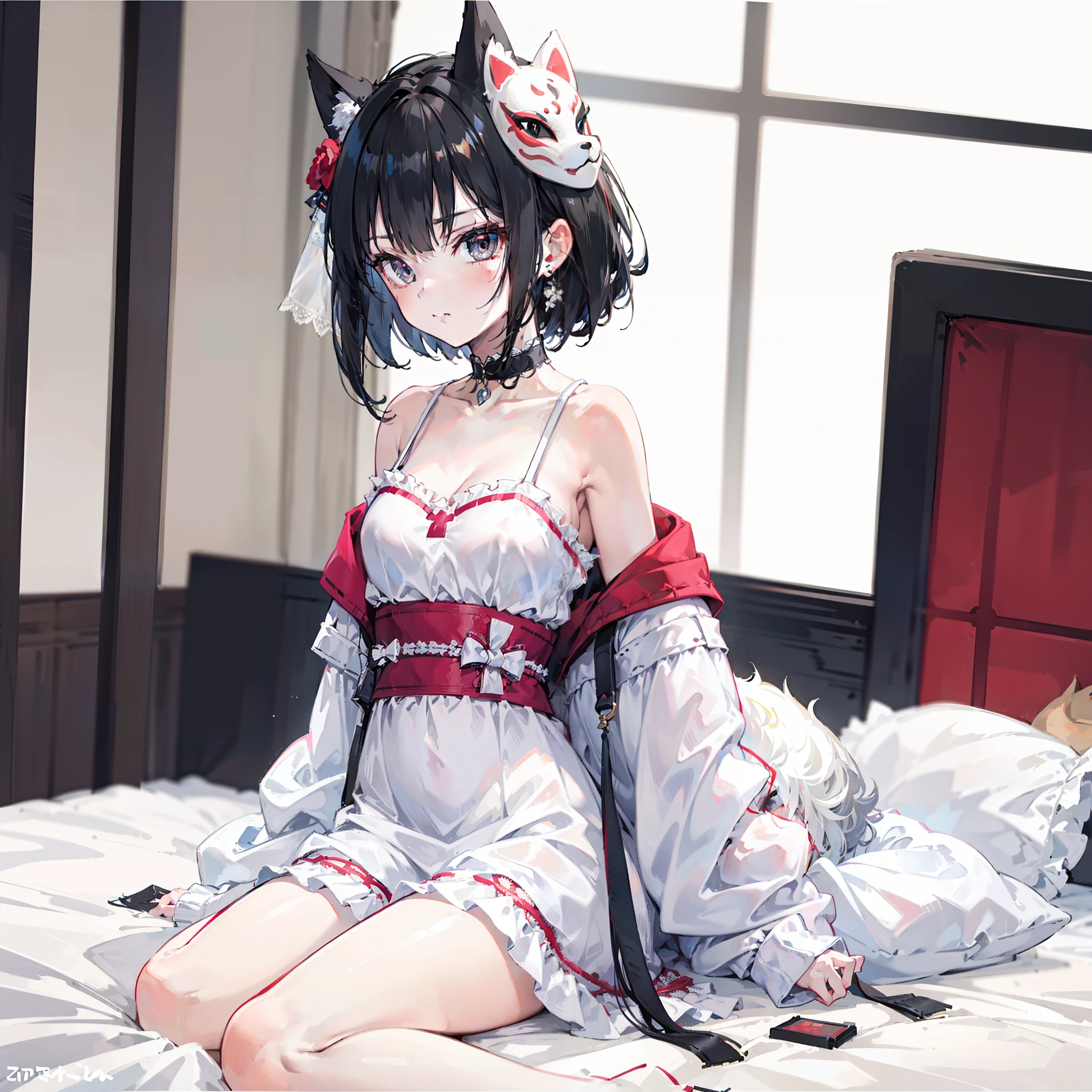 short black hair girl, black eye, wearing white babydoll dress with frill, white panties, white frill choker, bridal transparent veil, wearing fox mask, small boobs, loli, fox ears, fox tail, fox girl, bed room at night, royal bedroom style, beautiful royal bedroom, surrounded by plushy, looking to other side, hand on hair, pouty lip, angry eyes, sitting on bed, 8k hd, detailed background, high quality