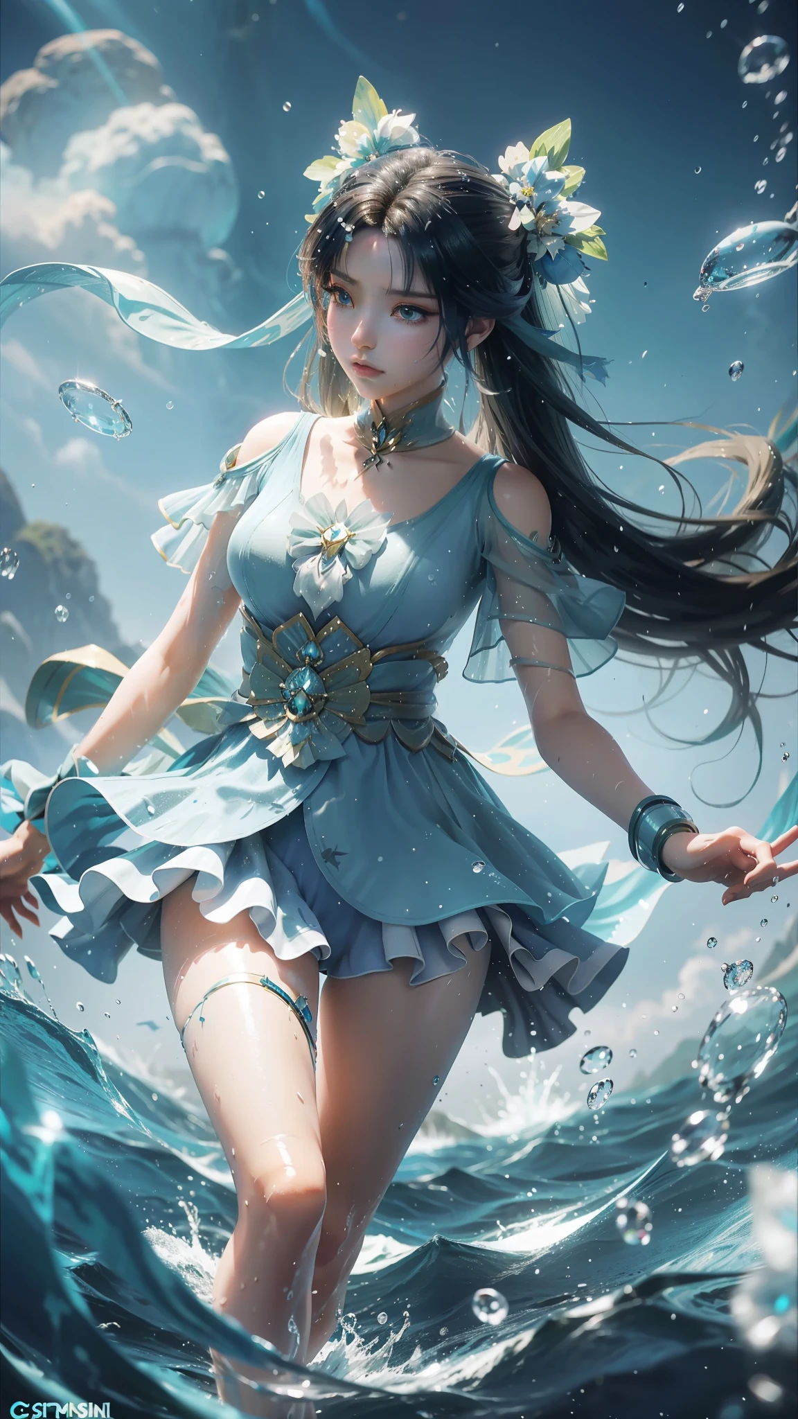 Arapei con un vestido azul y blanco estaba en el agua., Chica anime caminando sobre el agua, Fantasía de primer plano con magia de agua., estilo carril azul, tendencia en cgstation, cosplay chica anime, seraphine ahri kda, salpicadura de anime , tendencia en cgstation, agua realista, hada del agua, wlop y sakimichan