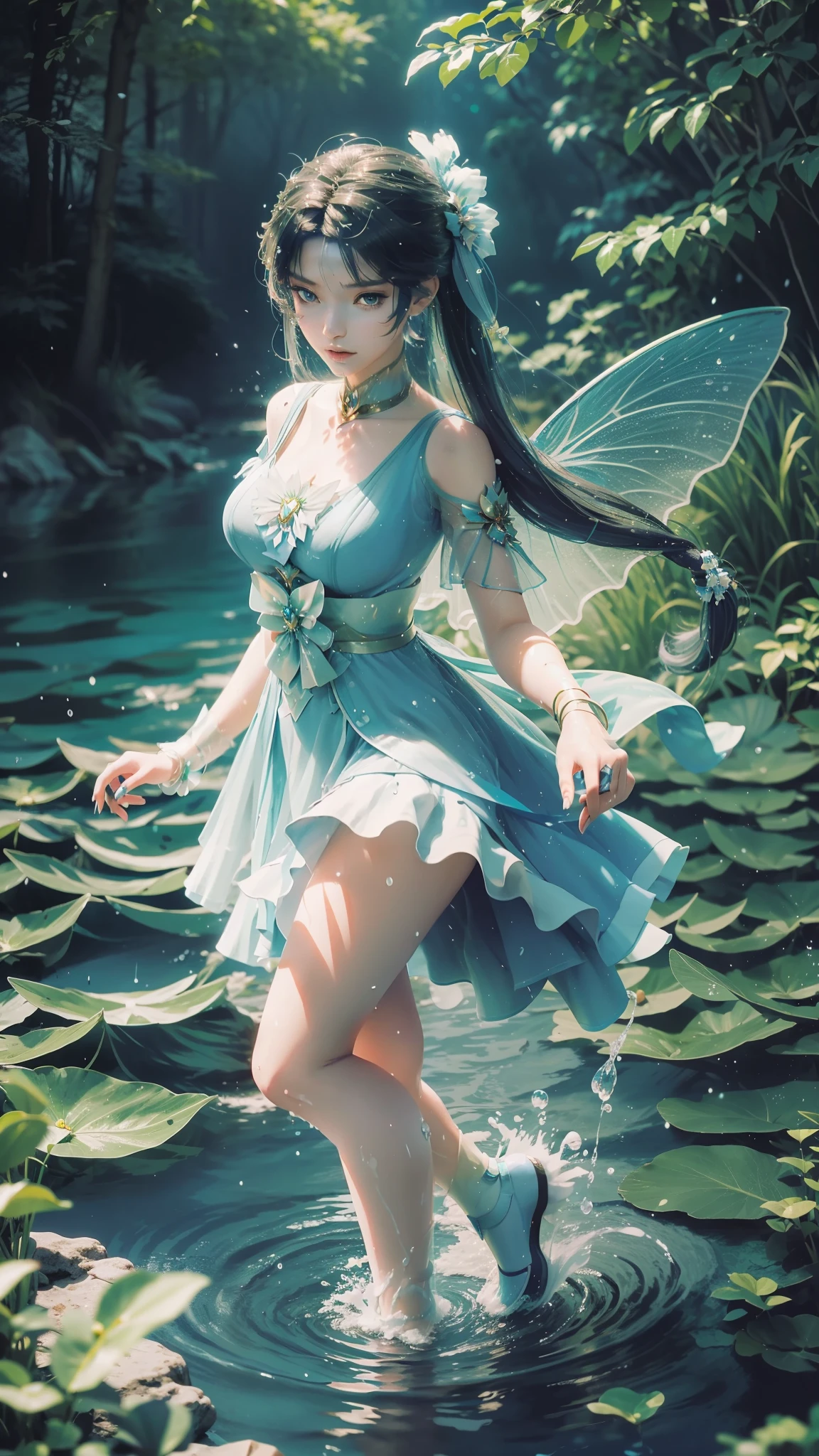 Arapei in einem blau-weißen Kleid stand im Wasser, Anime-Mädchen läuft auf dem Wasser, Nahaufnahme Fantasie mit Wassermagie, azur lane style, Trends auf cgstation, Anime-Mädchen-Cosplay, Seraphine Ahri KDA, Splash Art Anime , Trends bei cgstation, realistisches Wasser, Wasserfee, WLOP und Sakimichan