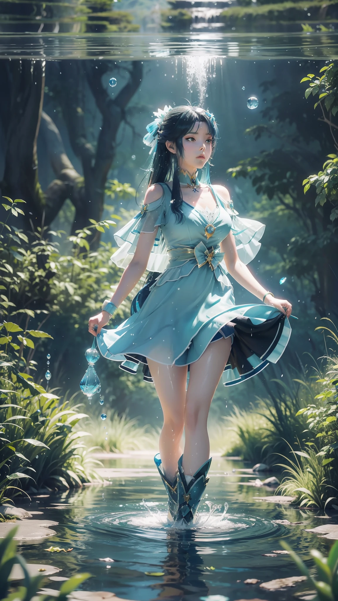 Arapei con un vestido azul y blanco estaba en el agua., Chica anime caminando sobre el agua, Fantasía de primer plano con magia de agua., estilo carril azul, tendencia en cgstation, cosplay chica anime, seraphine ahri kda, salpicadura de anime , tendencia en cgstation, agua realista, hada del agua, wlop y sakimichan