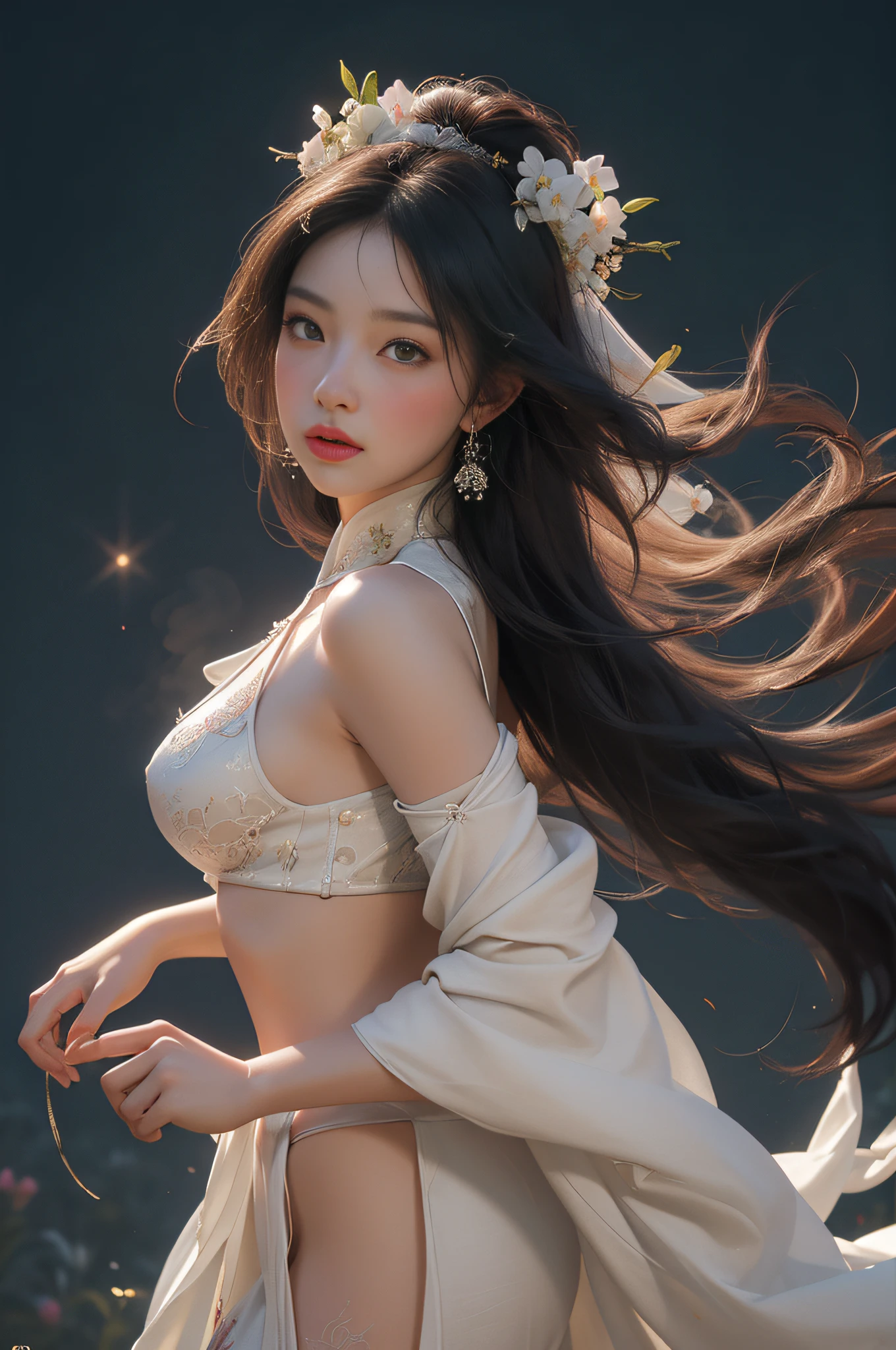 nsfw, zhongfenghua, 1girl, solo, hanfu, ancient_chinese_architecture, flower field, blossom, (white smoke:1.3) (photorealistic:1.4), zentangle, mandala, entangle, official art, unity 8k wallpaper, ultra detailed, beautiful and aesthetic, masterpiece,best quality, (dynamic angle:1.4), glowing skin, (floating colorful sparkles:1) the most beautiful form of chaos, elegant, a brutalist designed, vivid colours, romanticism depth of field exotic_dance, half_naked