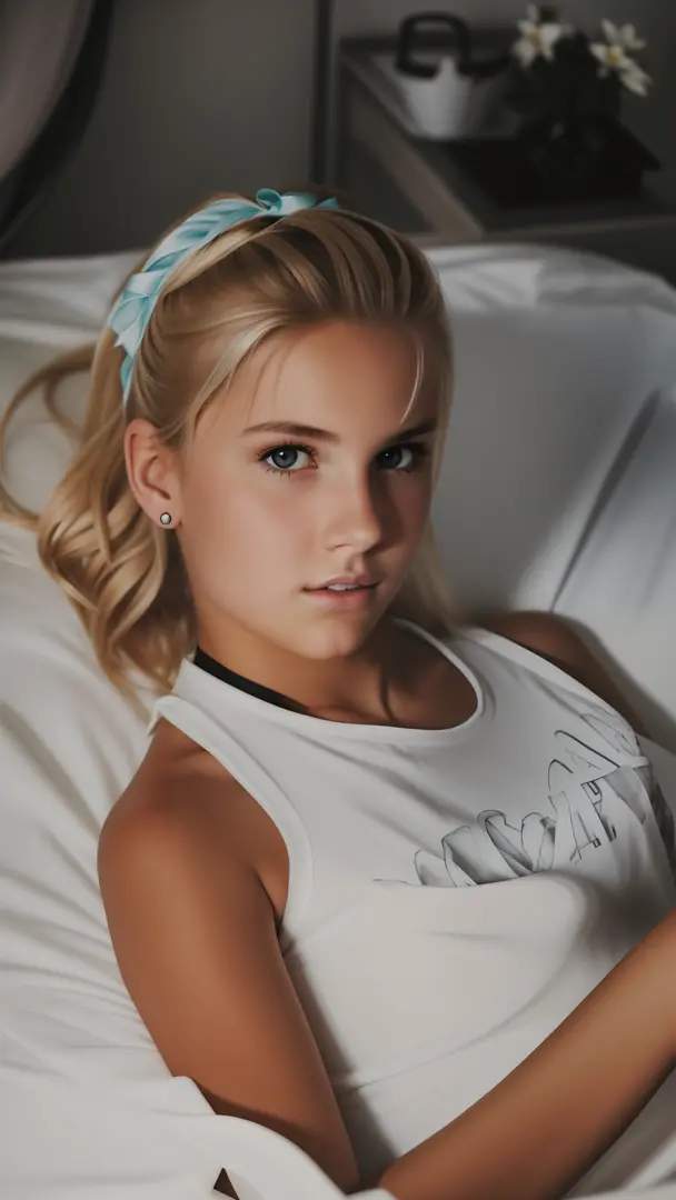 a teenager blonde girl, facing and looking at the camera, in a dark room