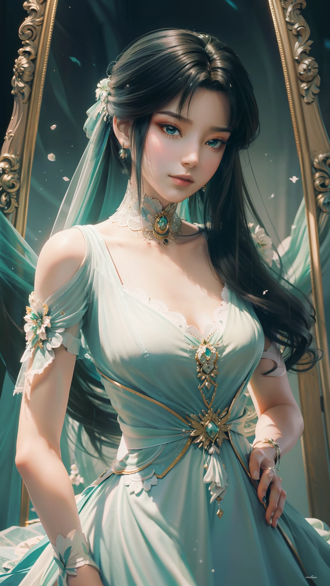 tmasterpiece，Best picture quality，HD 8K wallpaper，Beautiful picture，Elegant single woman，Round dress，Shiny eyes，Detail at its best，An exquisite masterpiece，Pure beauty and lightness，Moderately aesthetic，Gentle and elegant，Attention to detail，Cyan white lace round princess dress，Immortal