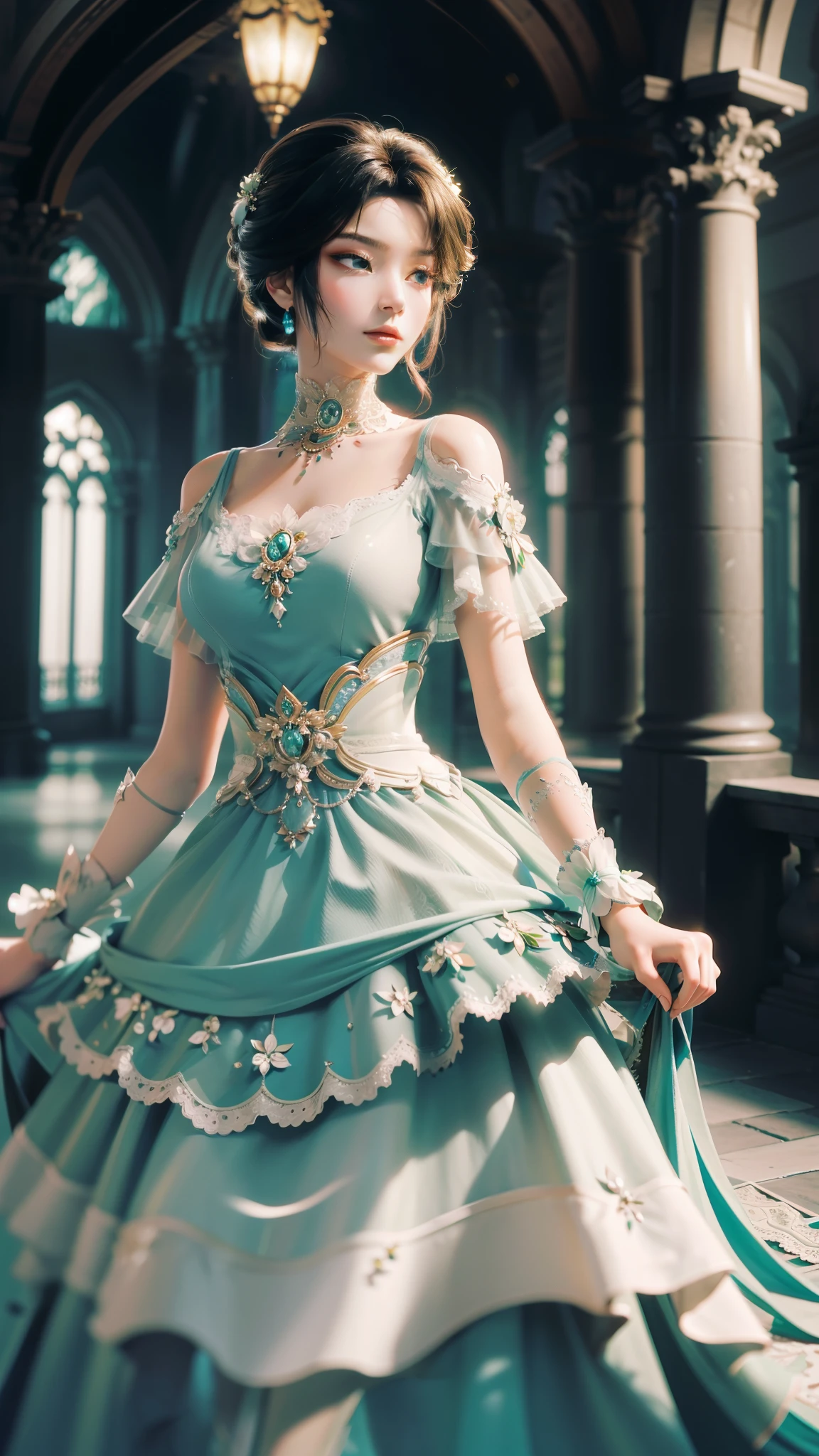 tmasterpiece，Best picture quality，HD 8K wallpaper，Beautiful picture，Elegant single woman，Round dress，Shiny eyes，Detail at its best，An exquisite masterpiece，Pure beauty and lightness，Moderately aesthetic，Gentle and elegant，Attention to detail，Cyan white lace round princess dress，Immortal