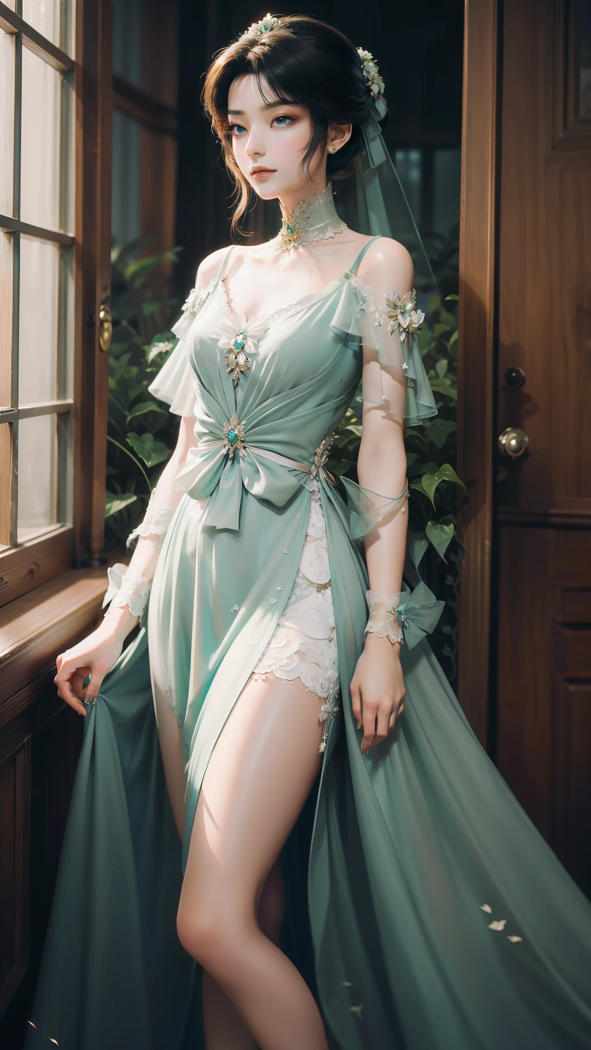 tmasterpiece，Best picture quality，HD 8K wallpaper，Beautiful picture，Elegant single woman，Round dress，Shiny eyes，Detail at its best，An exquisite masterpiece，Pure beauty and lightness，Moderately aesthetic，Gentle and elegant，Attention to detail，Cyan white lace round princess dress，Immortal