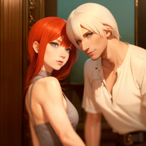 Couple 1 Woman with red hair and orange eyes with 1 man with medium white hair and blue eyes and