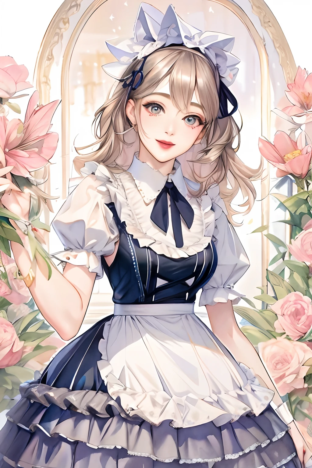 1girl, watercolor, bad-girl, long hair, smiling, A portrait of a lolita girl dressed with maid attire, ((full half body)), watercolor, detailed expression, dynamic pose!, detailed digital art, sparkling, shimmering, intrinsic beauty, alluring, kawaii anime, fantasy, big eyes, lips, looking at viewer, portrait, sketch, solo, turtleneck,mature female,portrait