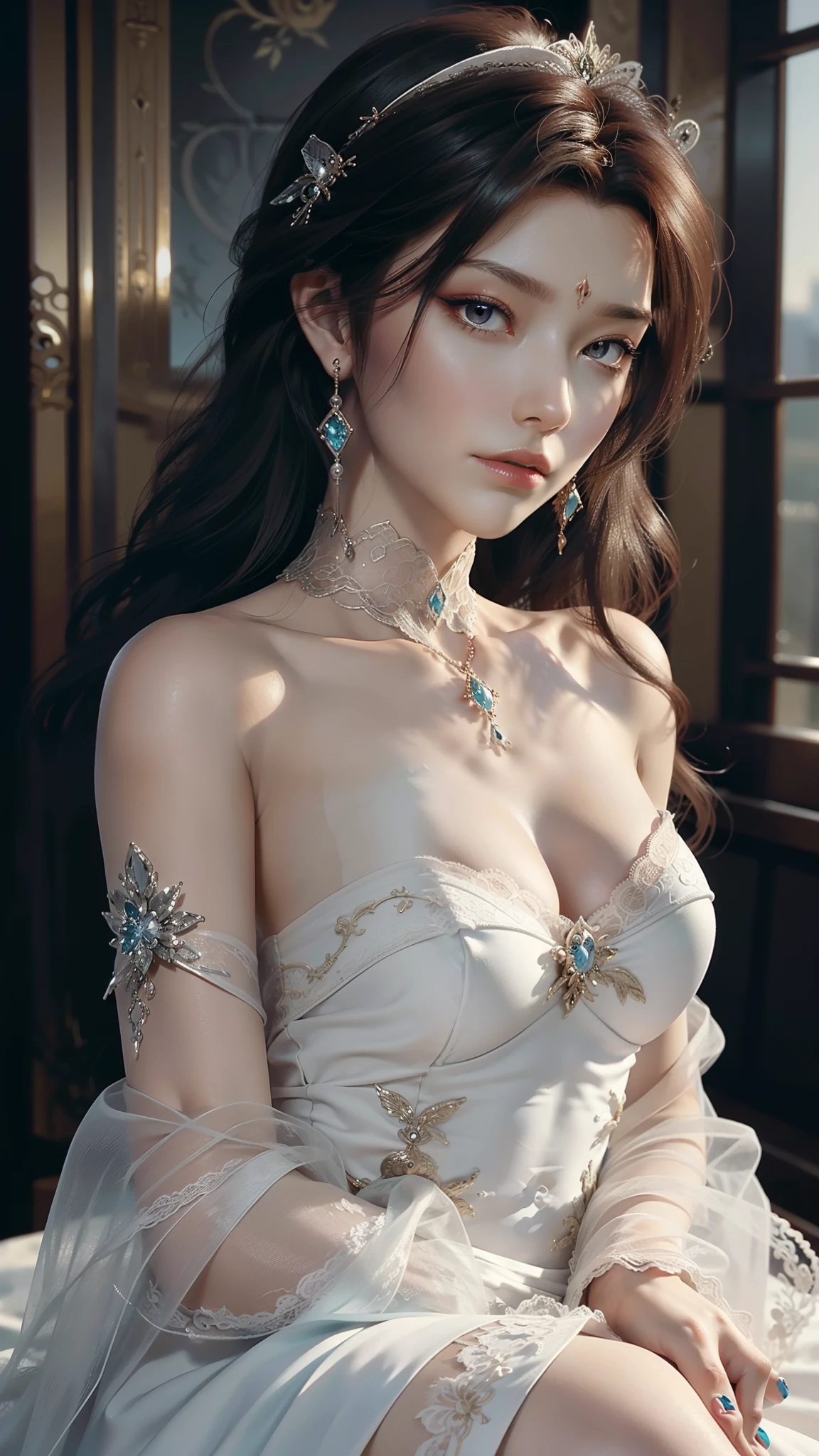 tmasterpiece，Best picture quality，HD 8K wallpaper，Beautiful picture，Elegant single woman，Round dress，Shiny eyes，Detail at its best，An exquisite masterpiece，Pure beauty and lightness，Moderately aesthetic，Gentle and elegant，Attention to detail，Cyan white lace round princess dress，Immortal