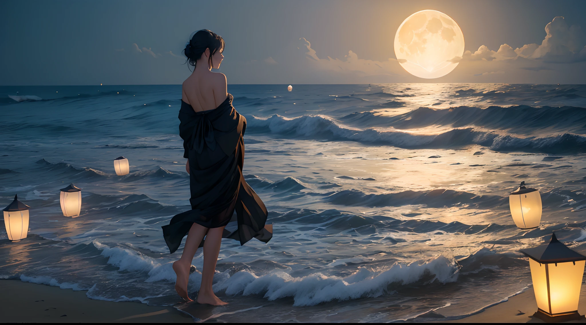 (moonlit night),(on the beach,crashing waves),(dramatic lighting),(silhouettes),(sparkling sand),(peaceful and relaxing atmosphere), 100s of paper lanterns, lots of paper beautiful lanterns, huge moon