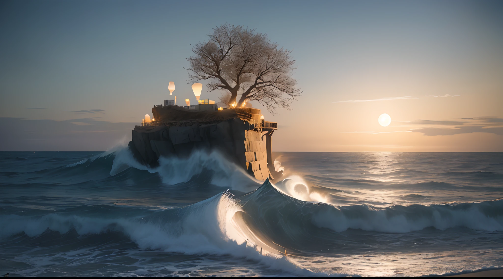 (Mondnacht),(am Strand,brechenden Wellen),(dramatische Beleuchtung),(Silhouetten),(glitzernder Sand),(friedliche und entspannende Atmosphäre), 100 Papierlaternen, viel Papier schöne Laternen, riesiger Mond