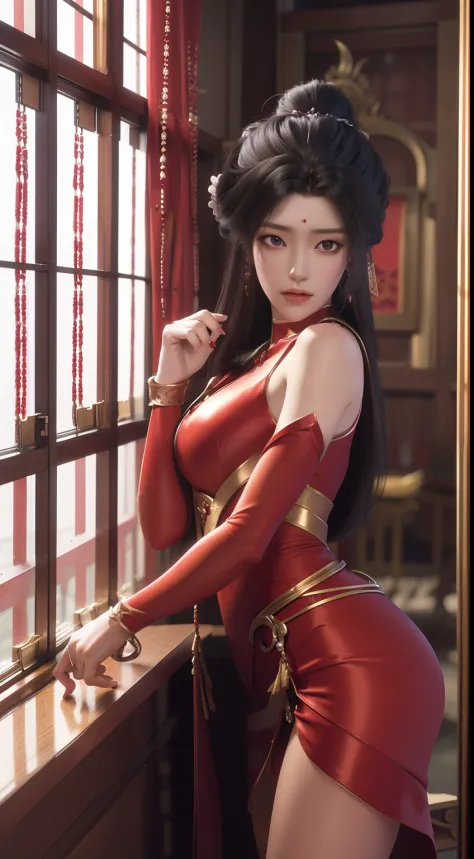 Arad woman in red dress standing near the windowsill, cute anime waifu in a sexy dress, trending on cgstation, 8K high quality d...
