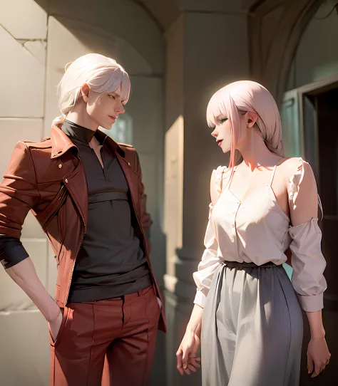 pair , man with medium white hair and woman with red hair , boyfriends