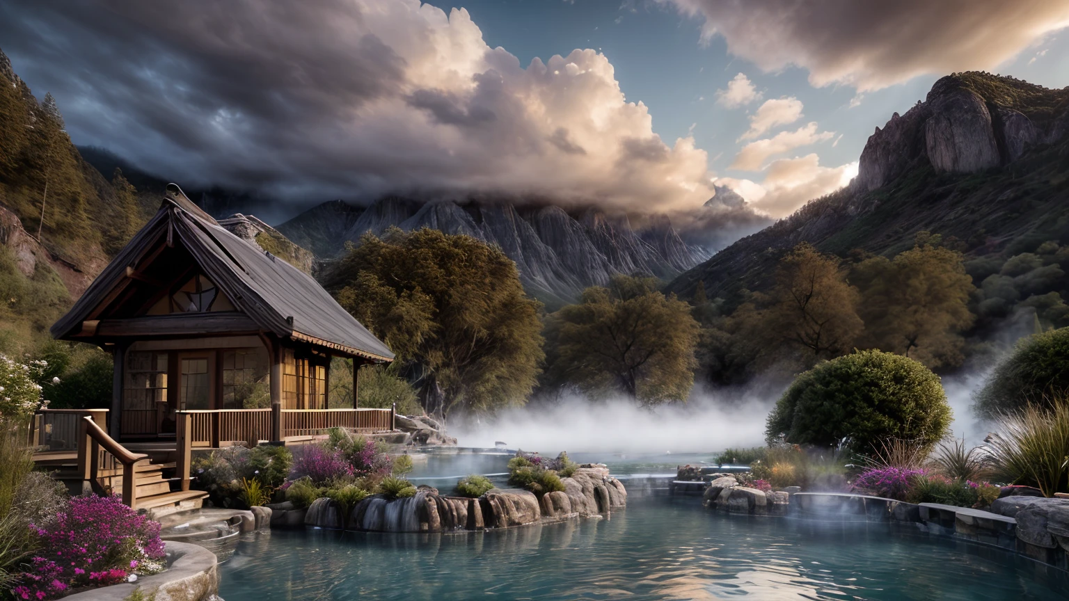 Unparalleled masterpiece, (photorealistic:1.4), best quality, beautiful lighting, (hot spring), (extremely detailed CG unity 8k wallpaper), full shot landscape photo of the most beautiful artwork in the world, cloudy sky background lush landscape house and trees illustration concept art