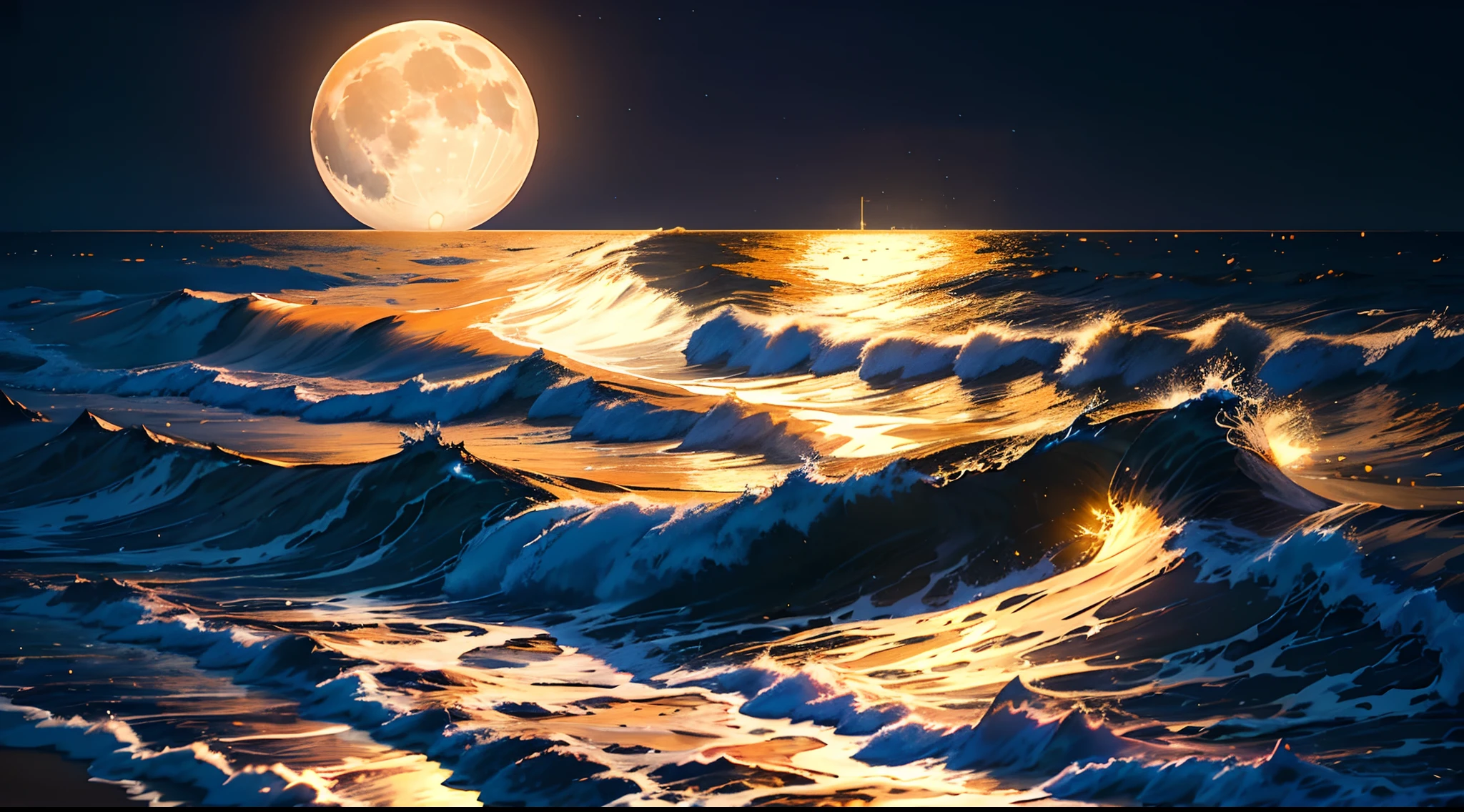 (noite de lua cheia),(na praia,Ondas quebrando),(iluminação dramática),(silhuetas),(areia cintilante),(ambiente tranquilo e relaxante), Centenas de lanternas de papel, muitas lanternas lindas de papel, lua enorme
