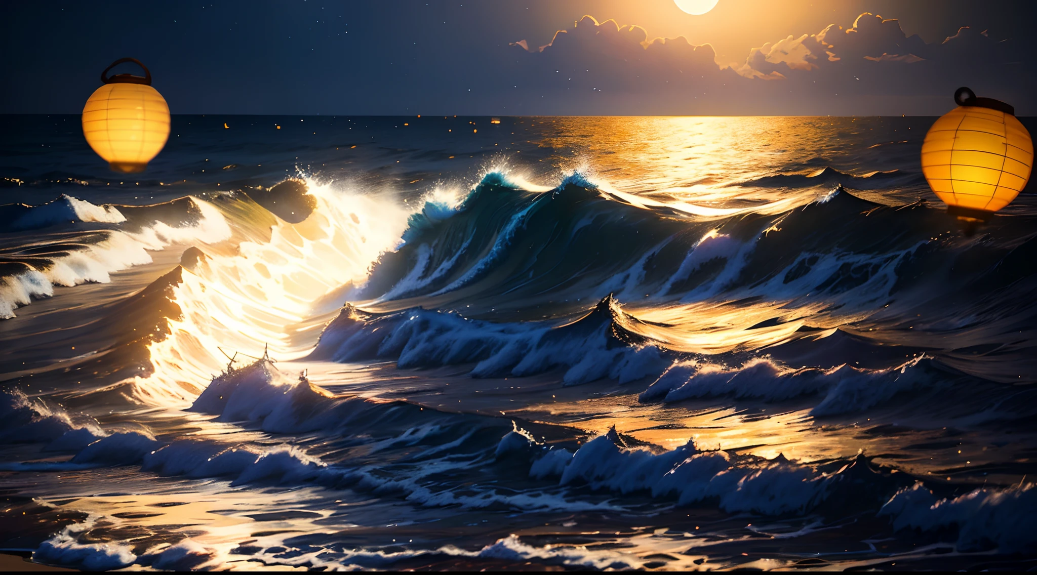 (moonlit night),(on the beach,crashing waves),(dramatic lighting),(silhouettes),(sparkling sand),(peaceful and relaxing atmosphere), 100s of paper lanterns, lots of paper beautiful lanterns, huge moon