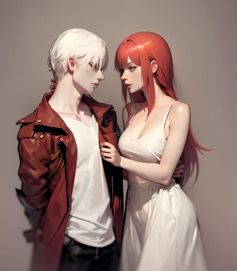 pair , man with medium white hair and woman with red hair , boyfriends