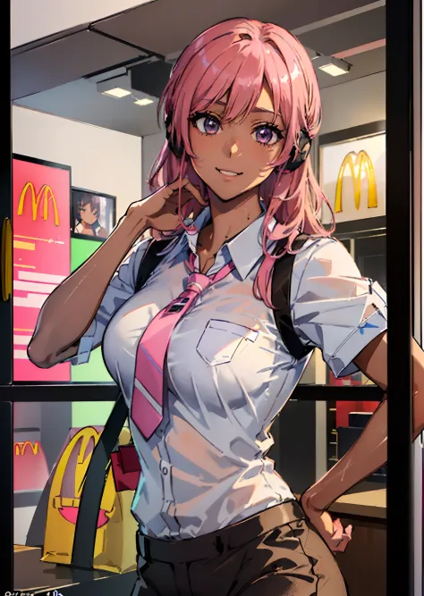 ((((Representative work 3.0、top-quality、Smile 3.0、Wearing a McDonald's uniform 4.0、Blouse、Listening to orders、Working as a clerk at McDonald's、Brown skin、Pink hair 3.0、dynamic pose1.5、large full breasts、Brown skin color、A pink-haired、Wearing sweat、ssmile、)...