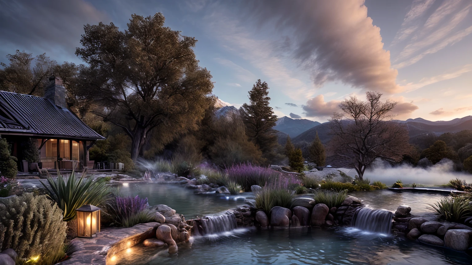 Unparalleled masterpiece, (photorealistic:1.4), best quality, beautiful lighting, (hot spring), (extremely detailed CG unity 8k wallpaper), full shot landscape photo of the most beautiful artwork in the world, cloudy sky background lush landscape house and trees illustration concept art