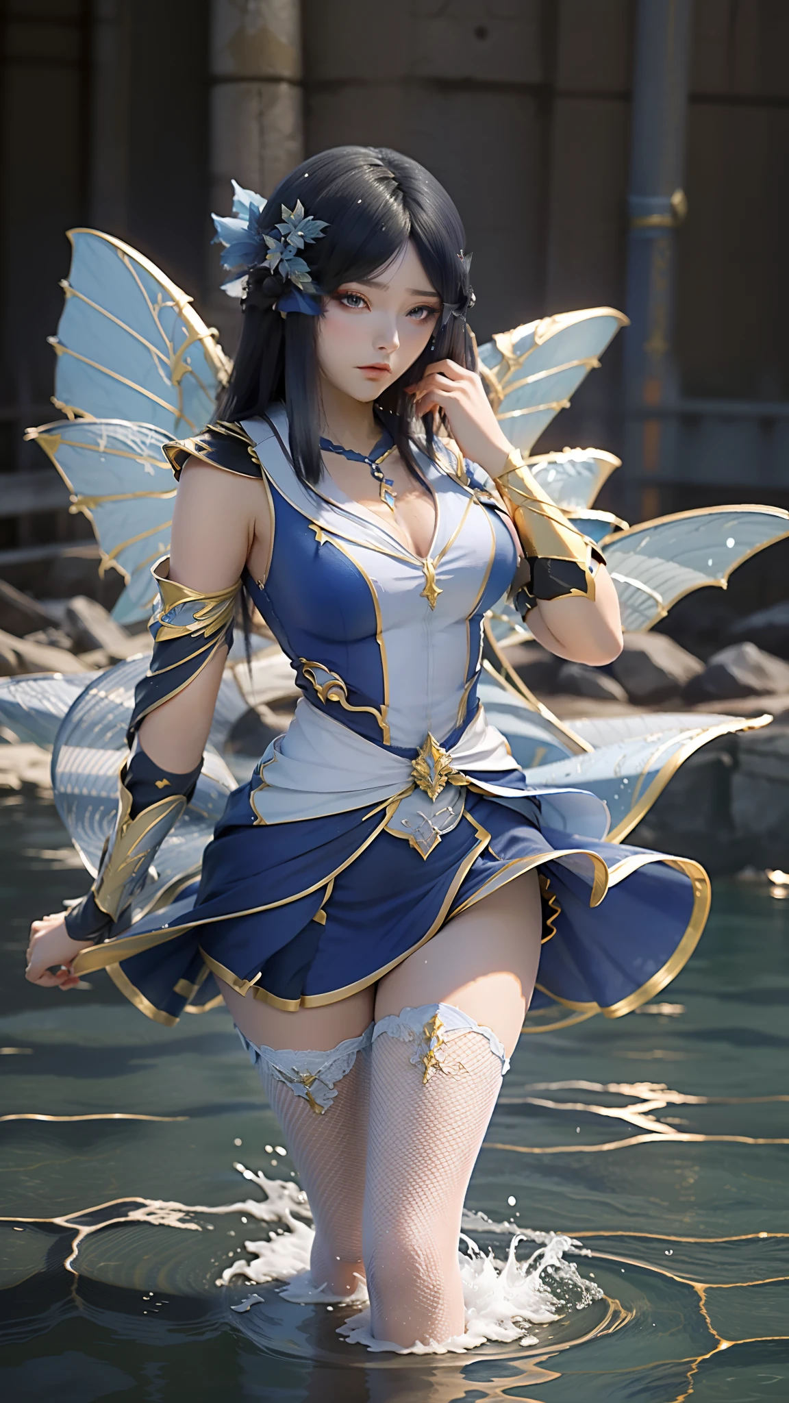 Arapei in a blue and white dress stood in the water, Anime girl walking on water, closeup fantasy with water magic, azur lane style, trending on cgstation, Anime girl cosplay, seraphine ahri kda, Splash art anime Loli, trending at cgstation, realistic water, water fairy, WLOP and Sakimichan