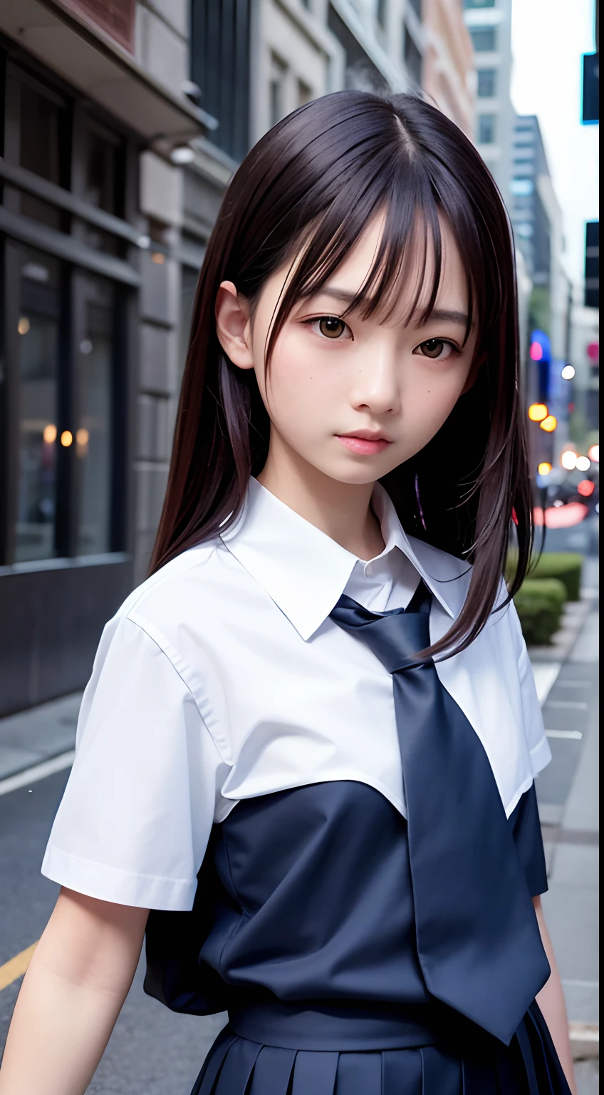 masterpiece, best quality, 8k, 85mm portrait, absurdres, beautiful girl, (night, upper body:1.5), cute, street, (school uniform, white shirt, short sleeve, dark blue tie, pleated skirt:1.2), slender, neon, (Lianyungang, Akishima, Yeonggwang:0.4), no makeup, perspective, depth of field, ultra realistic, highres, photography, sharp focus, HDR, facelight, dynamic lighting, highest detailed, extreme detailed, ultra detailed, finely detail, real skin, delicate facial features