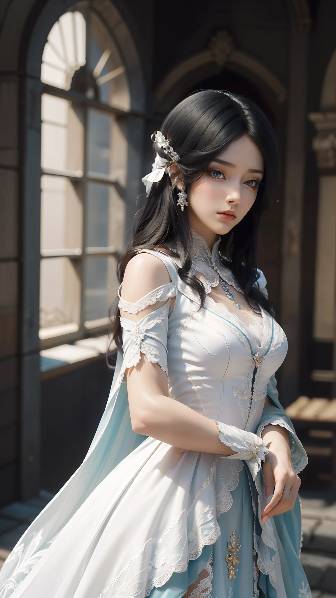 tmasterpiece，Best picture quality，HD 8K wallpaper，Beautiful picture，Elegant single woman，Round dress，Shiny eyes，Detail at its best，An exquisite masterpiece，Pure beauty and lightness，Moderately aesthetic，Gentle and elegant，Attention to detail，Cyan white lace round princess dress，Immortal