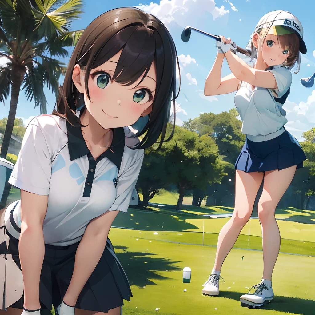 masutepiece, Best Quality, 8K_Wallpaper, (Beautiful eyes), ((Cute)), Cute, (lovely), (Golf course on a sunny day),1girl in,small tits,1 schoolgirl,Standing Girl,Smile,facial close-up、portlate(((Playing golf)))、(((I am playing golf putting on the green )))、((Golf Wear))、