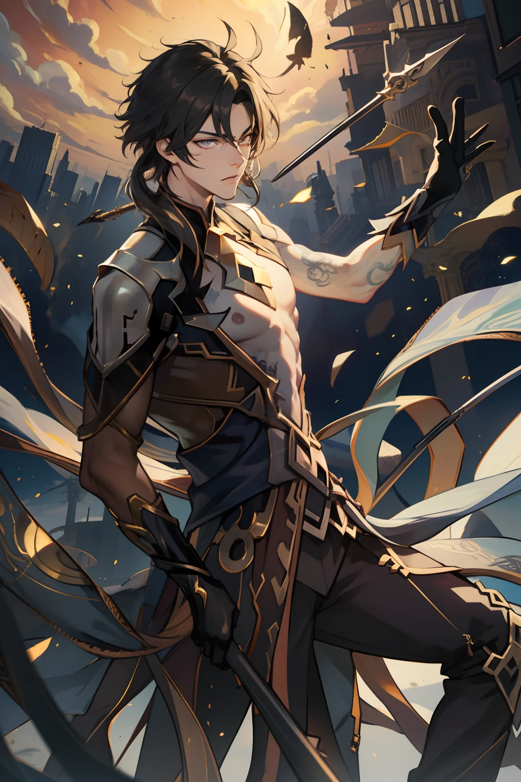 A man with a sword standing in front of a city - SeaArt AI