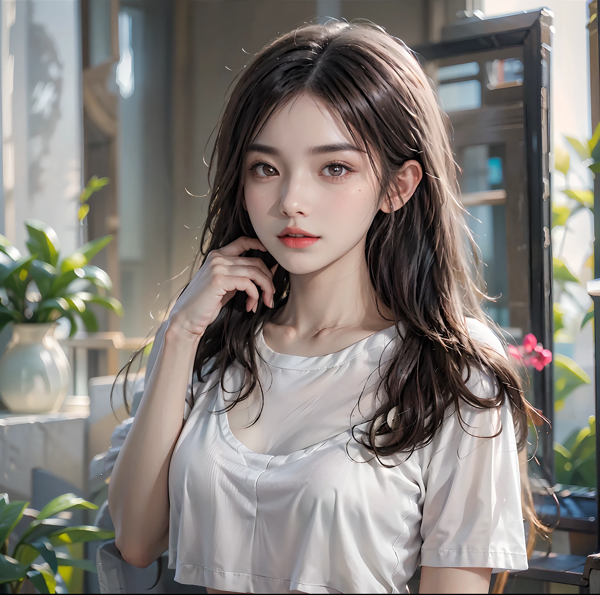 One lady、Women are not wearing makeup、beautiful expression、（Lifelike face）、Super Detailed Face、asian human、Clean face、black shoulder length hair,、Beautiful hairstyle、realisticeyes、二重まぶた、A detailed eye、A small mole under the right eye、Detailed lips、Cute smile、Viewer's Perspective、Fine skin、（real looking skin）、Slender body type、Short sleeved white T-shirt、Denim shorts、foco nítido、（Cinematic lighting）、Soft lighting、hight resolution、hightquality、Medium chest、Sticking out the navel、Lipstick thinning、Brown eyes、