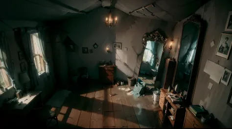 Attic with peculiar goals and a single mirror in a corner, Realistic image