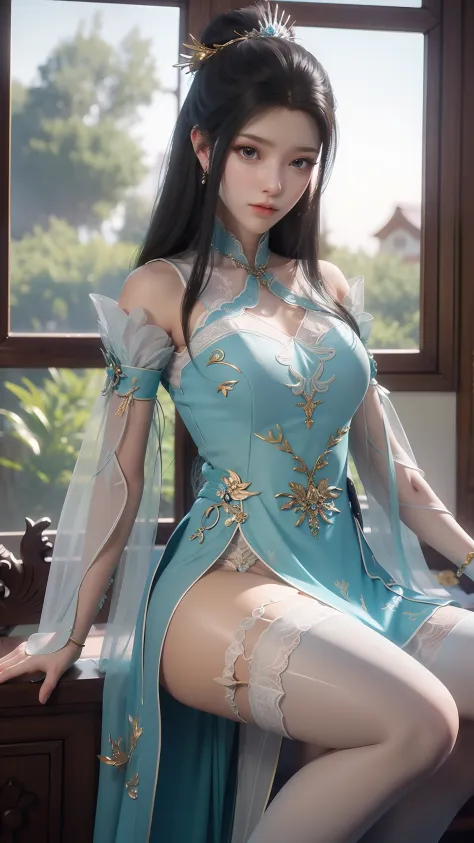 Arad woman in blue dress sitting on windowsill, cute anime waifu in a nice dress, trending on cgstation, 8K high quality detailed art, anime barbie in white stockings, highly detailed exquisite fanart, Extremely detailed Artgerm, the anime girl is crouchin...