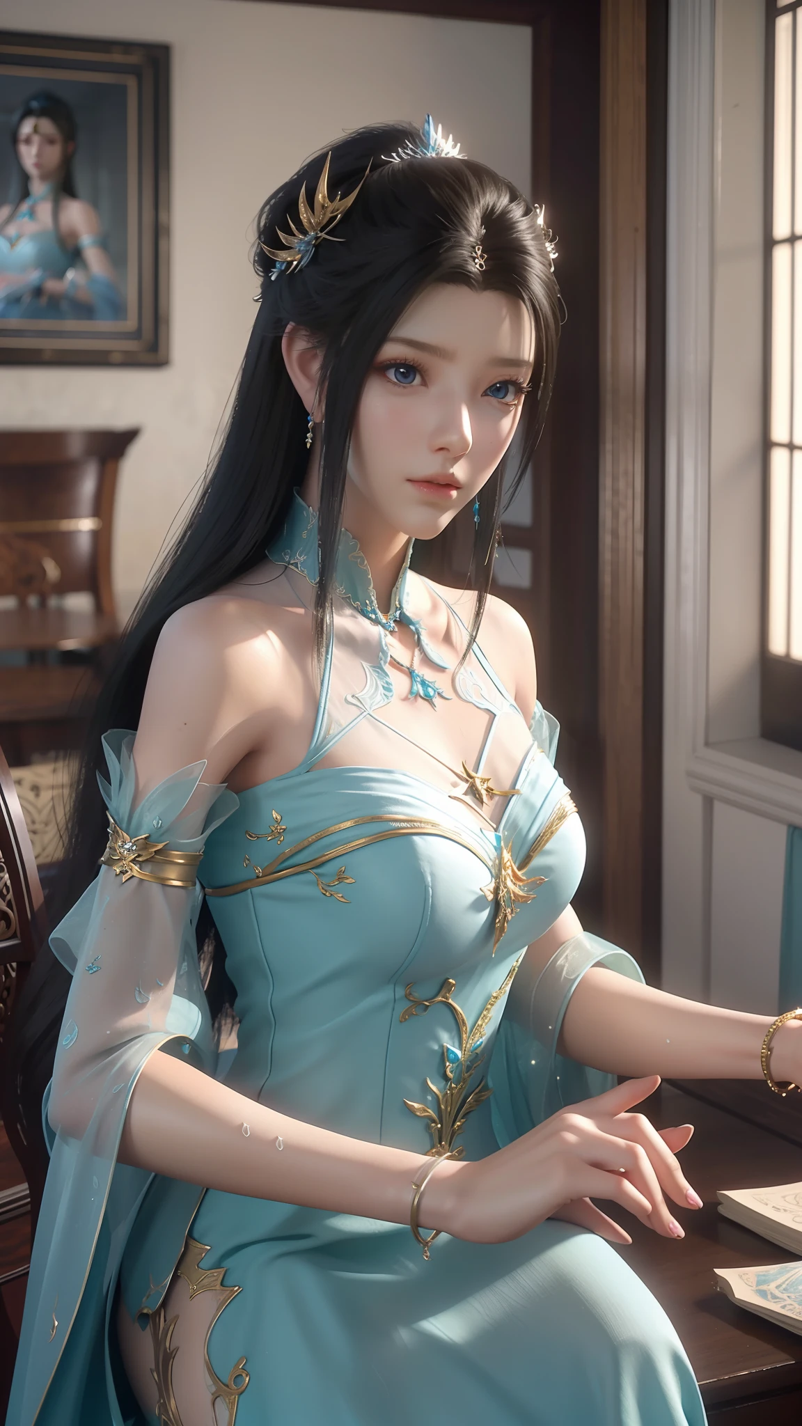 The Arad woman in a blue dress sits at the table, closeup fantasy with water magic, 2. 5 D CGI anime fantasy artwork, Anime fantasy illustration, Detailed digital anime art, beautiful fantasy anime, Smooth anime CG art, Anime fantasy artwork, 8K high quality detailed art, Realistic anime 3 D style, ultra detailed water, beautiful and seductive anime woman