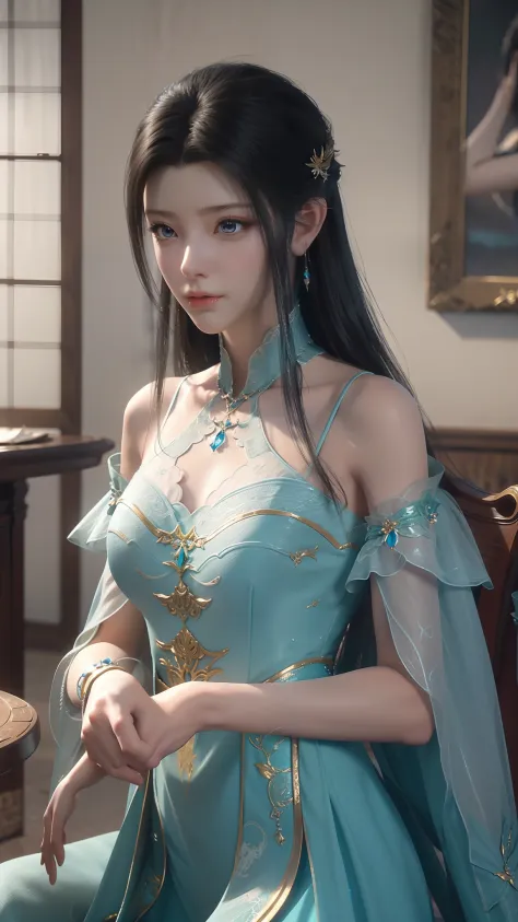 The Arad woman in a blue dress sits at the table, closeup fantasy with water magic, 2. 5 D CGI anime fantasy artwork, Anime fant...