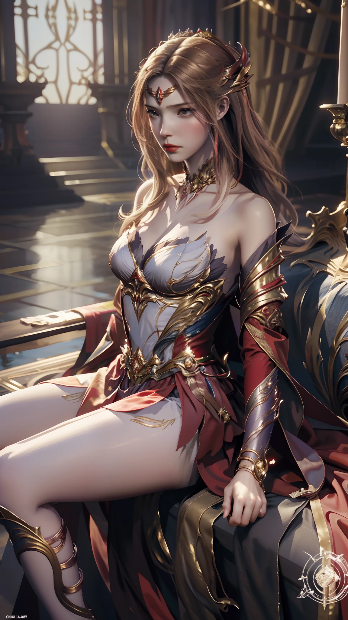 The Araved woman in a dress sits on a red bench by the water, a photorealistic painting inspired by Magali Villeneuve, cgsociety contest winner, Fantasy art, wearing gilded red robes, lady in red armor, wearing gilded red royal robes, Gorgeous Role Play, scarlet witch costume, wearing wizard robes, robe, aly fell and artgerm