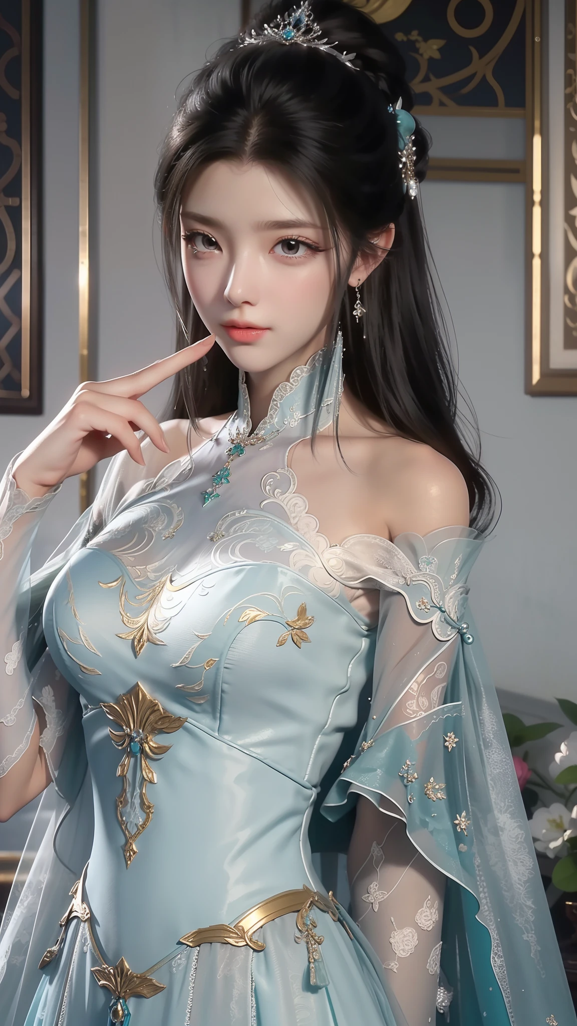 tmasterpiece，Best picture quality，HD 8K wallpaper，Beautiful picture，Elegant single woman，Round dress，Shiny eyes，Detail at its best，An exquisite masterpiece，Pure beauty and lightnesoderately aesthetic，Gentle and elegant，Attention to detail，Cyan white lace round princess dress，Immortal