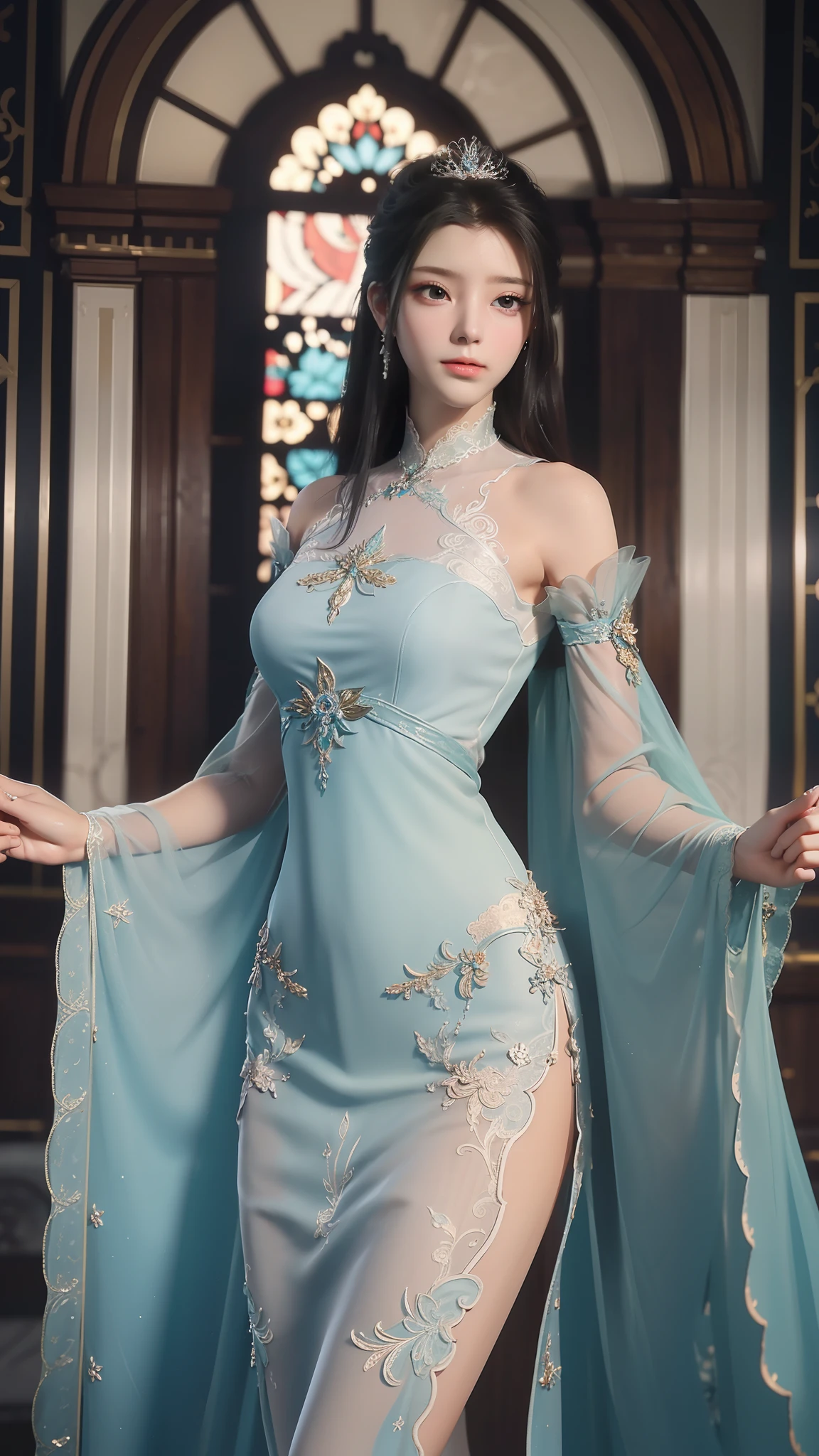 tmasterpiece，Best picture quality，HD 8K wallpaper，Beautiful picture，Elegant single woman，Round dress，Shiny eyes，Detail at its best，An exquisite masterpiece，Pure beauty and lightnesoderately aesthetic，Gentle and elegant，Attention to detail，Cyan white lace round princess dress，Immortal